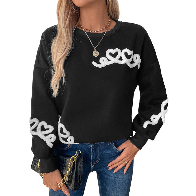 Women's Casual Oversized Sweatshirt with Chenille Heart Appliqué, Round Neck and Ribbed Cuffs Chichicherry