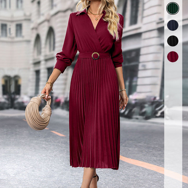 Women's Midi Pleated Dress with Wrap Top, Waist Belt and Pleated Skirt Chichicherry