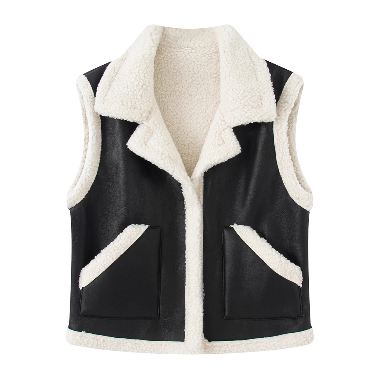 Women's Sleeveless Lambskin Look Vest with Notched Collar and Patch Pockets Chichicherry