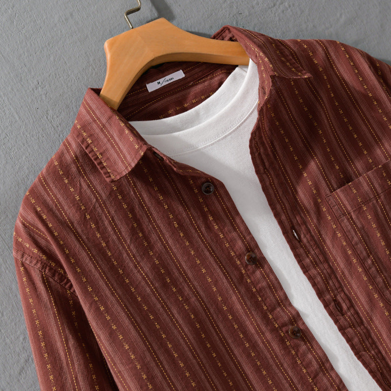 Men's Casual Long Sleeve Overshirt Made of Linen-Cotton Blend with Patch Chest Pocket Chichicherry