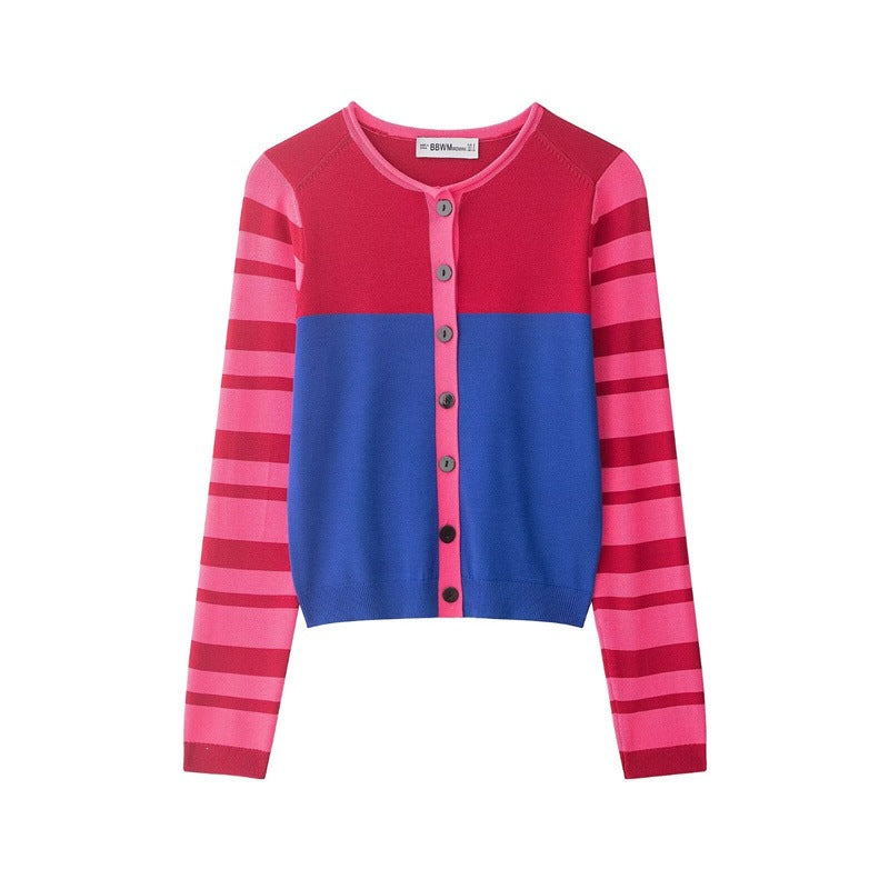 Women Cropped Cardigan with Color Block Design and Striped Sleeves Chichicherry