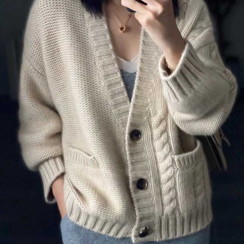 Women's Oversized Knit Cardigan with Cable Detail, Pockets, and Button Placket Chichicherry