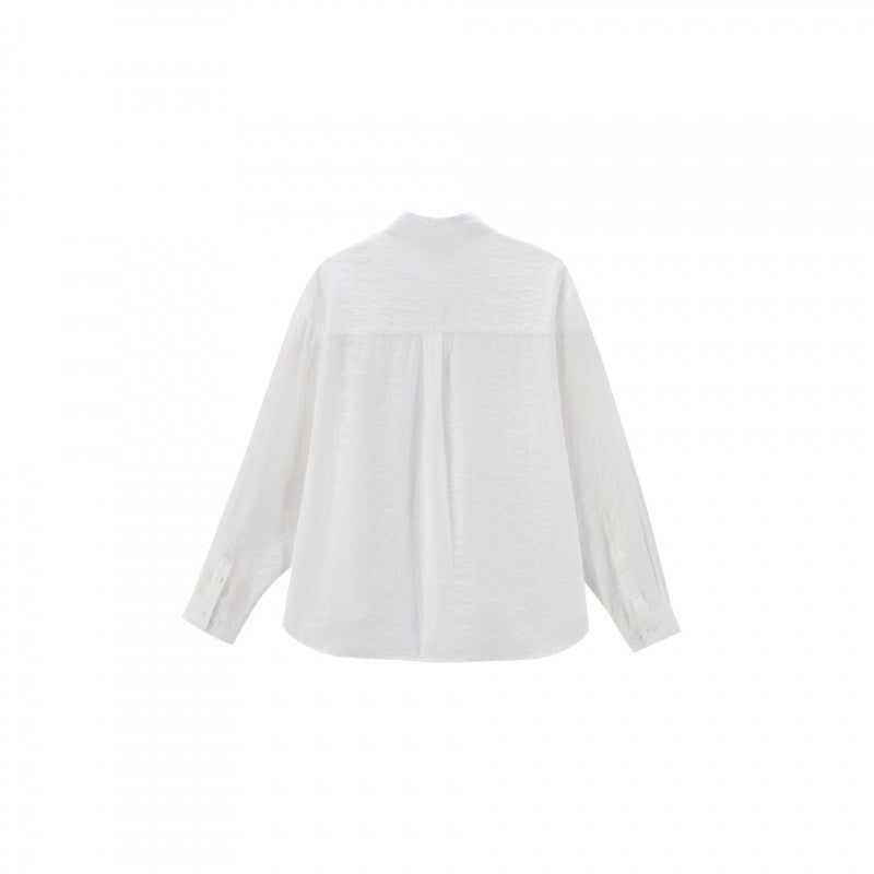 Women's Loose Textured Linen-Cotton Shirt with Kent Collar and Rounded Hem Chichicherry