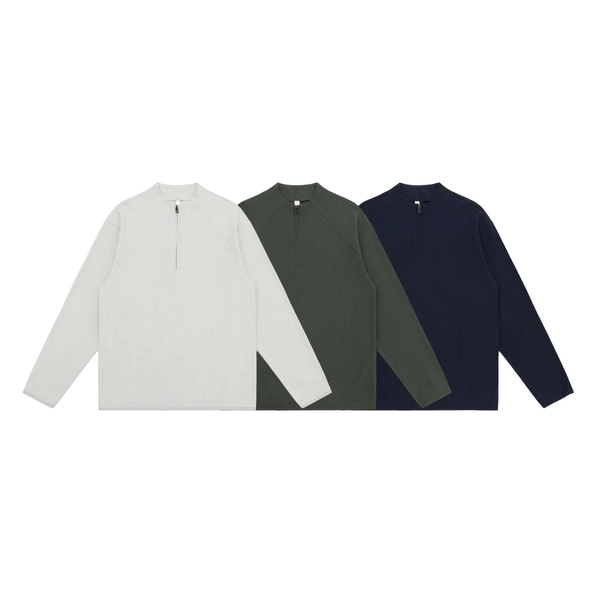 Unisex Waffle Structure Half-Zip Pullover with Short Zipper and Boxy Silhouette Chichicherry