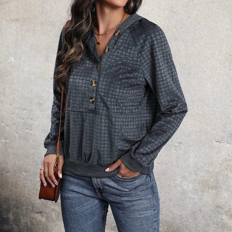 Ladies Textured Hooded Sweater with Button Placket and Pattern Structure Chichicherry