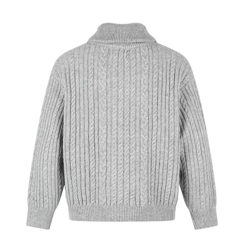 Women's Double-Breasted Cable Knit Cardigan with Shirt Collar and Ribbed Cuffs Chichicherry