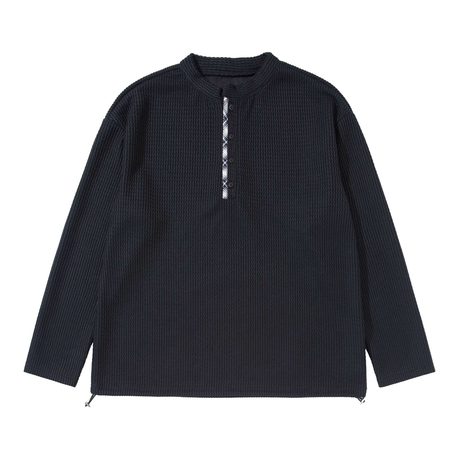 Unisex Waffle Knit Henley Pullover with Drawstring Hem Chichicherry