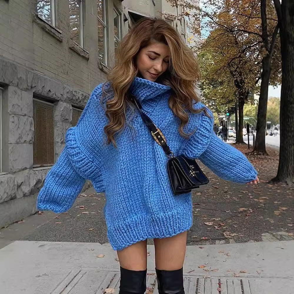 Damen Oversize Grobstrickpullover mit hohem Rollkragen Chichicherry