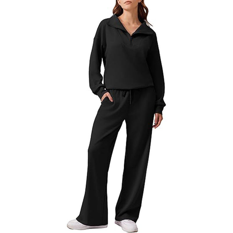 Women Casual Two-Piece with Half Zipper and Flowing Wide-Leg Jogging Pants Chichicherry