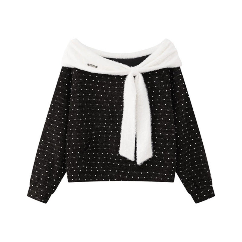 Women's Cozy Knitted Sweater with Large Faux Fur Shawl Collar and Kangaroo Pocket Chichicherry
