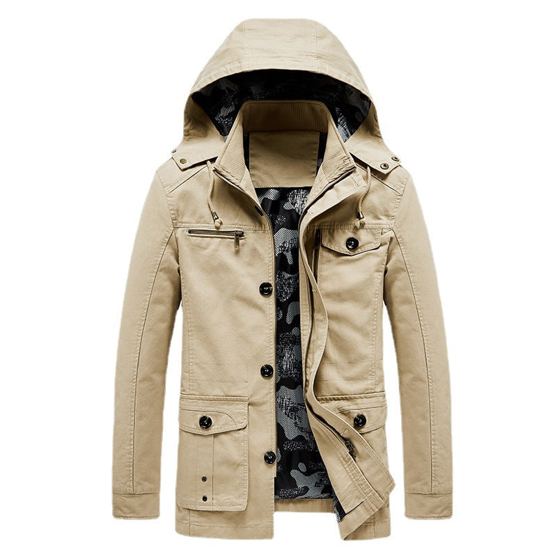 Men's Canvas Field Jacket with Hood, Multifunctional Pockets and Camouflage Lining Chichicherry