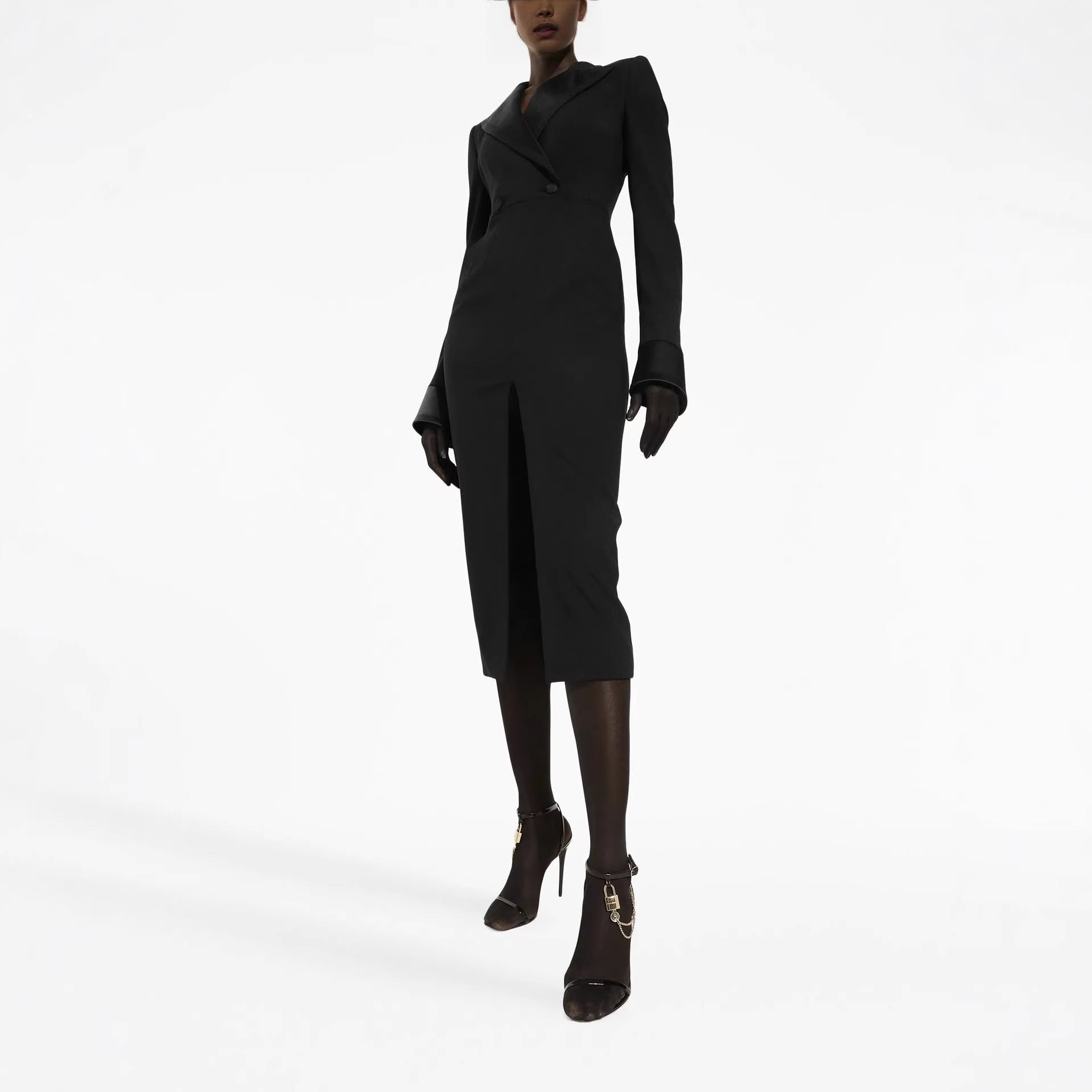 Women's Tailored Blazer Dress in Long Cut with Satin Lapels and Front Slit Chichicherry