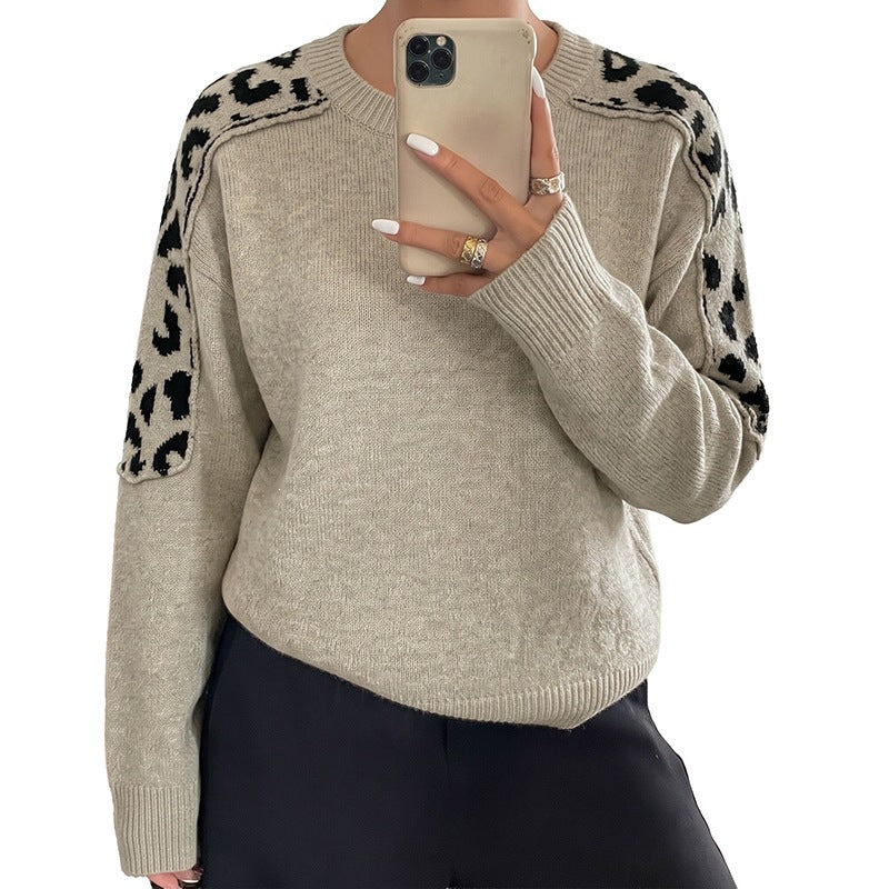 Women's Oversize Knit Sweater with Leo Jacquard Shoulder Inserts Chichicherry