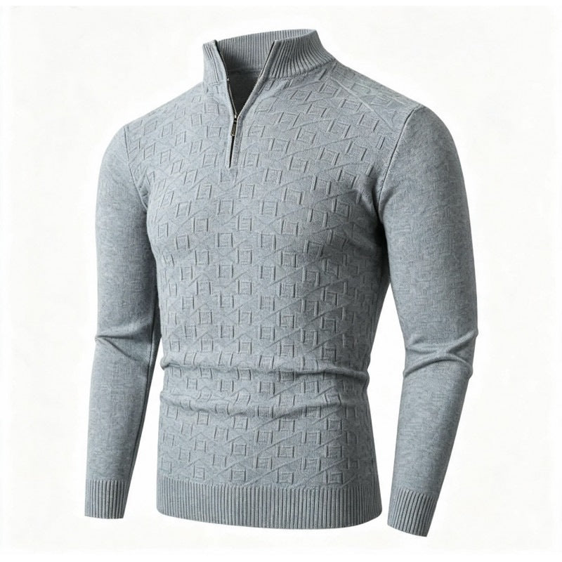 Men's Slim-Fit Fine Knit Half-Zip Sweater with Stand Collar and Geometric Relief Chichicherry