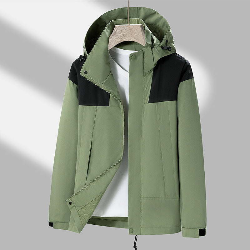 Men's lightweight water-repellent hooded transitional jacket with contrast shoulder panels and drawstring hem Chichicherry