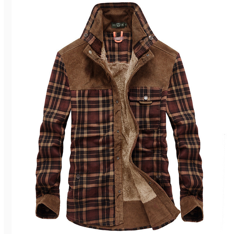 Men's Checkered Shirt Jacket with Teddy Lining, Corduroy Shoulder Yoke and Multifunctional Pockets Chichicherry
