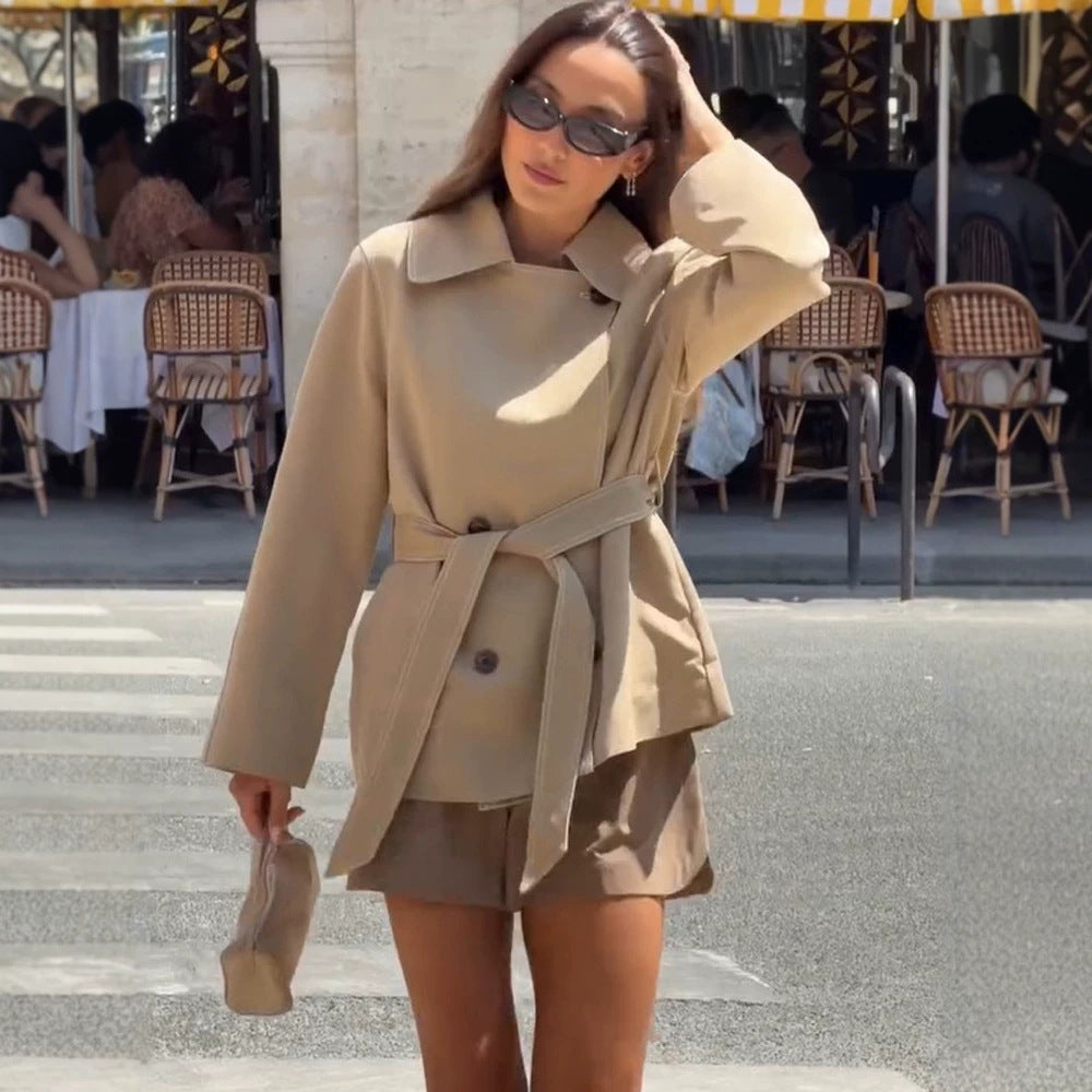 Women Tailored Short Jacket with Belt and Dropped Sleeves Chichicherry