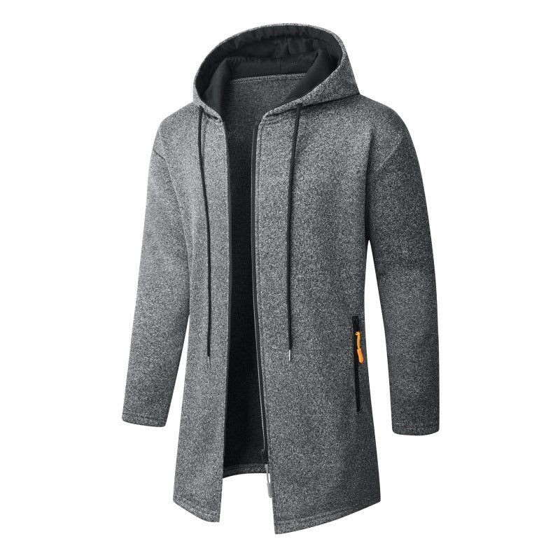 Men's Long Knit Coat with Hood, Continuous Zipper & Soft Fleece Lining Chichicherry