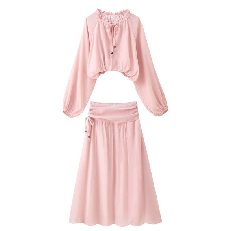 Women's Two-Piece Boho Set with Cropped Ruffle Blouse, Balloon Sleeves and High-Waisted Maxi Skirt Chichicherry