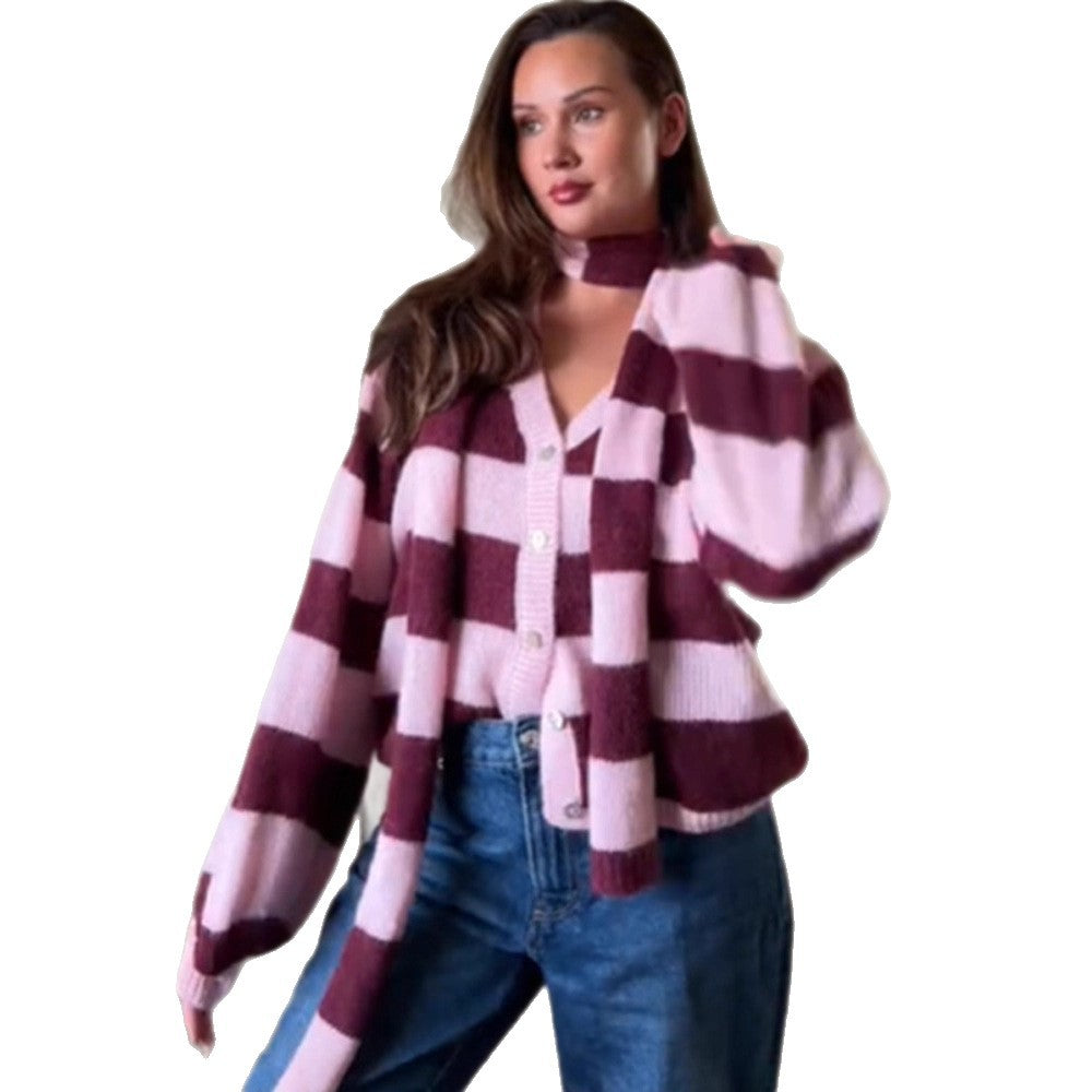 Women's Oversized Knit Cardigan Set with Block Stripes, Button Placket and Matching Scarf Chichicherry