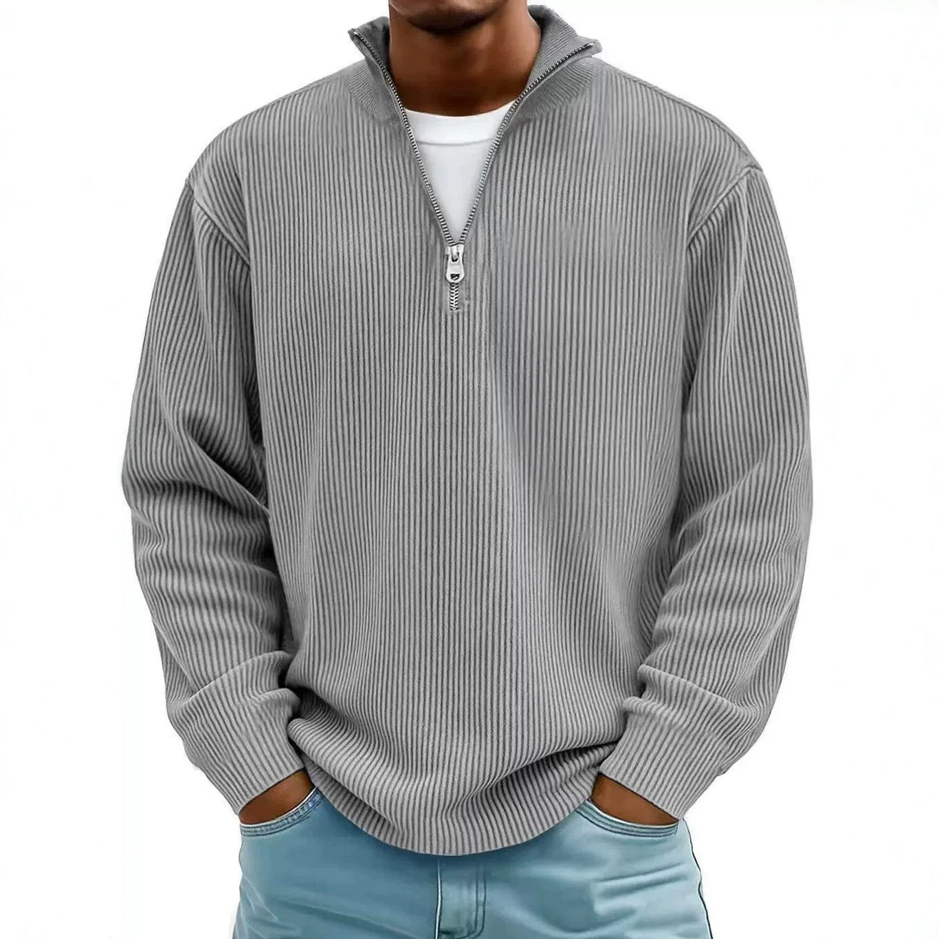Men's Ribbed Half-Zip Knit Sweater with Stand Collar and Relaxed Fit Chichicherry