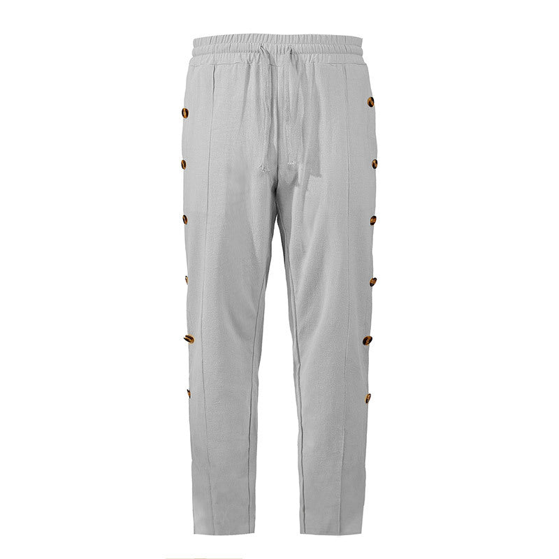Men's Relaxed-Fit Casual Pants with Side Decorative Button Plackets, Elastic Waistband and Drawstring Chichicherry