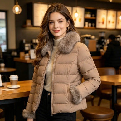 Women's short tailored winter quilted jacket with removable faux fur collar, tonal waist straps and concealed two-way zipper Chichicherry