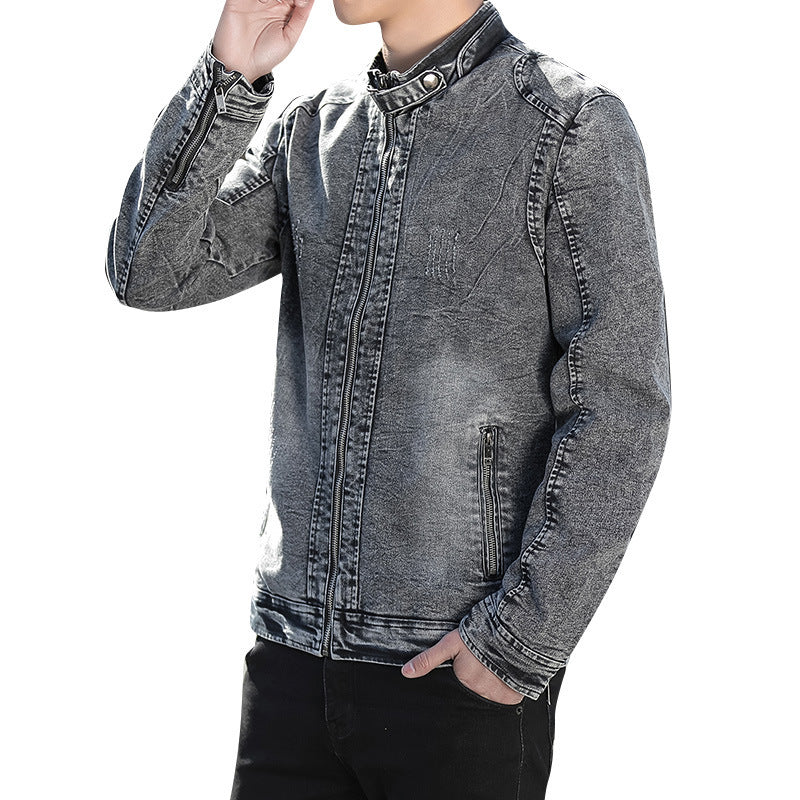 Men's Slim-Fit Washed Denim Jacket with Stand Collar and Zipper Chichicherry