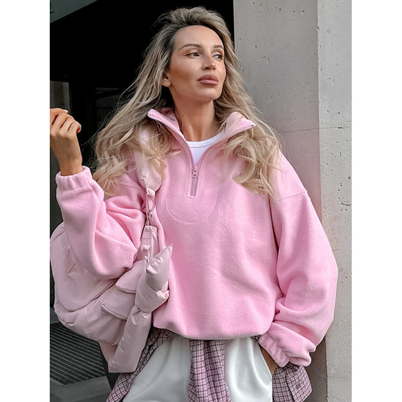 Women’s Oversized Fleece Pullover with Half Zipper and Stand-Up Collar Chichicherry