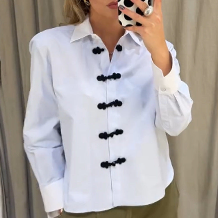 Women’s short cut poplin shirt blouse with stand-up collar and decorative cord knot closures Chichicherry