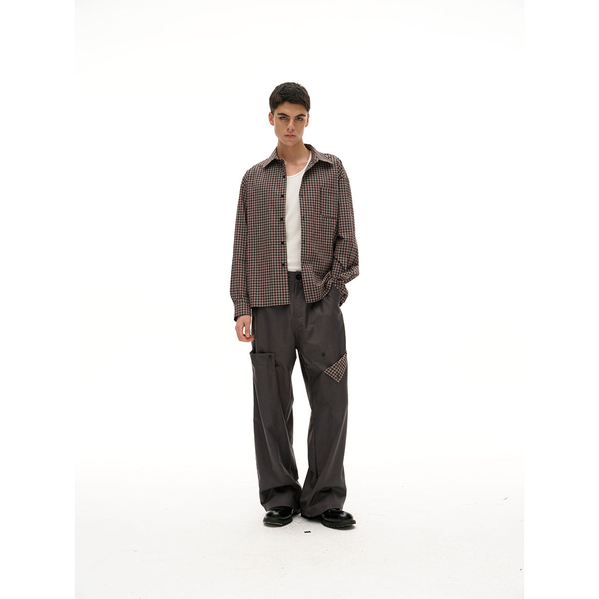 Unisex Straight Overshirt Jacket in Fine Check Pattern Chichicherry