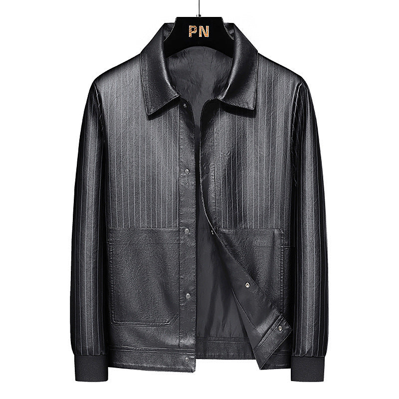 Men's Pinstripe Faux Leather Trucker Jacket with Snap Front and Ribbed Cuffs Chichicherry