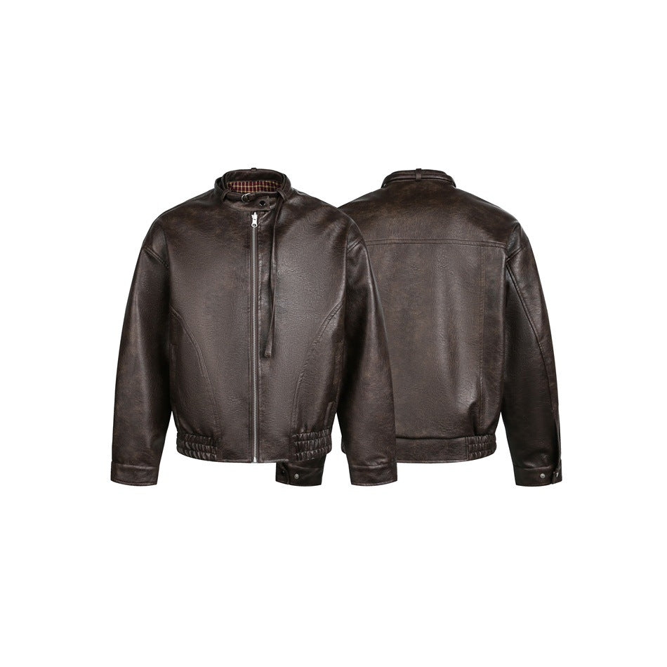 Men's short-cut vintage leather blouson with buckle collar and elastic hem Chichicherry