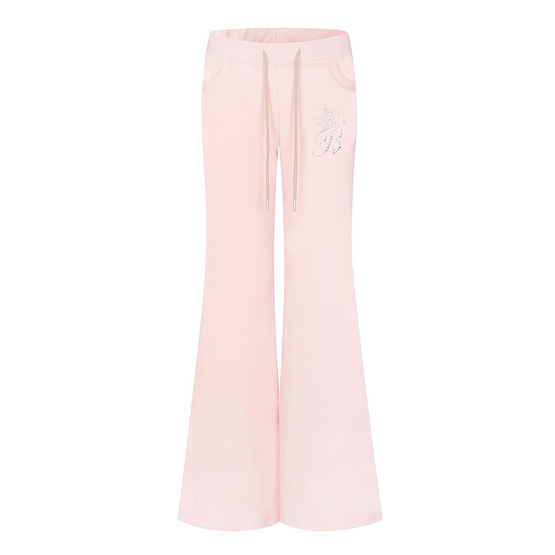 Women Flared Lounge Pants with High Comfort Waistband, Drawstring and Rhinestone Logo Chichicherry