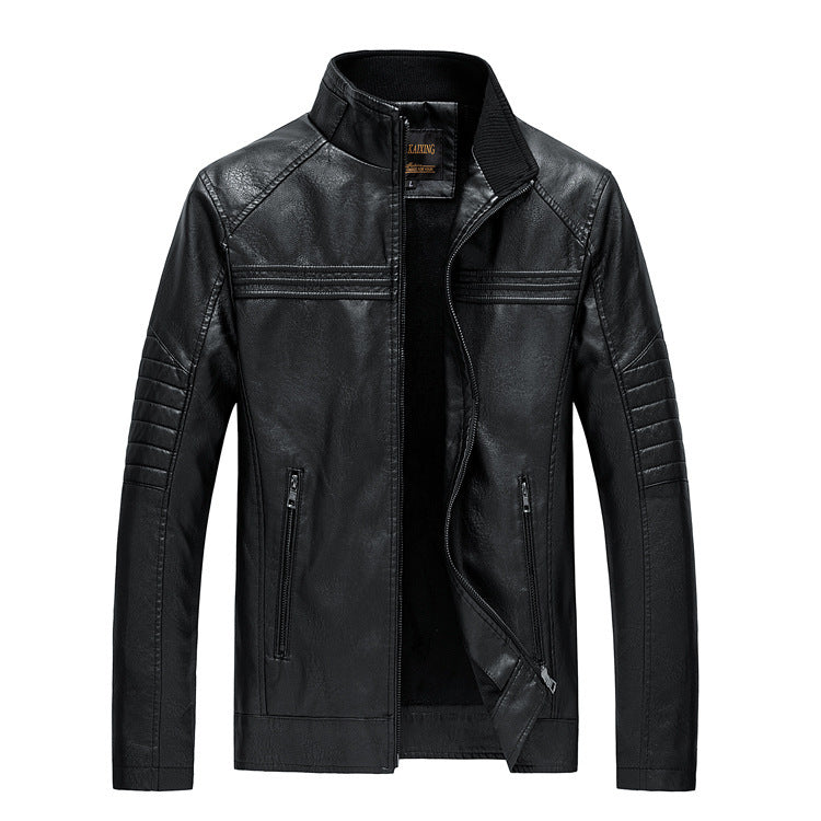 Men's Slim-Fit Faux Leather Moto Jacket with Stand-Up Collar and Quilted Sleeve Yoke Chichicherry
