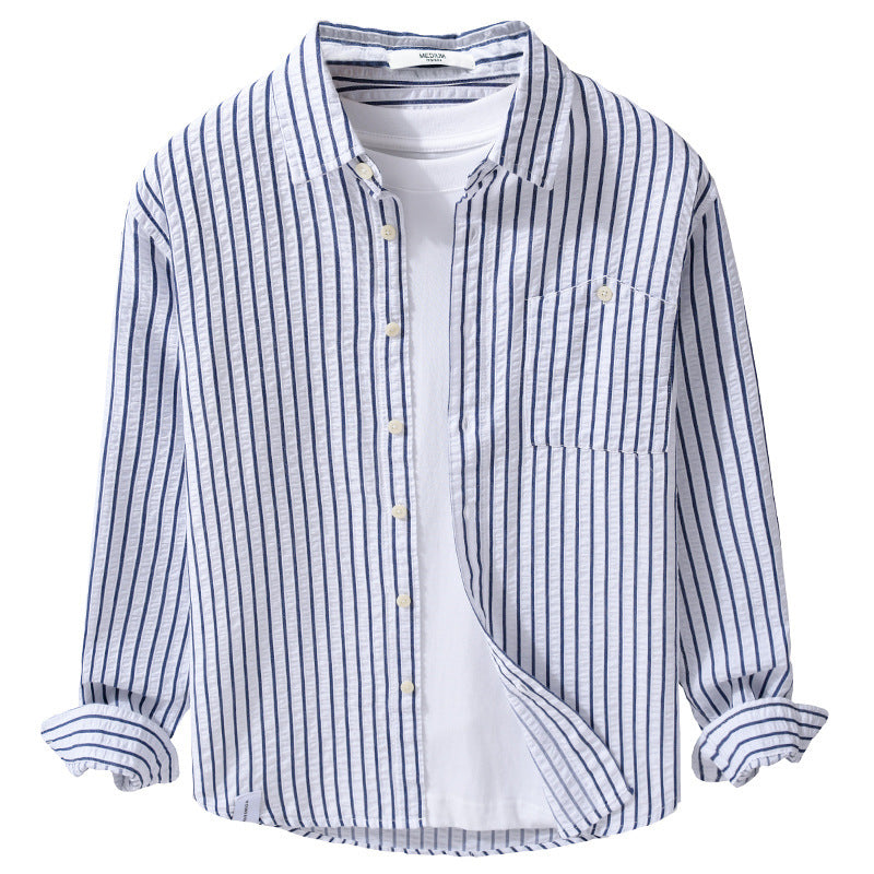 Men's Textured Stripe Shirt in Relaxed Fit made of Cotton-Linen Blend with Chest Pocket Chichicherry