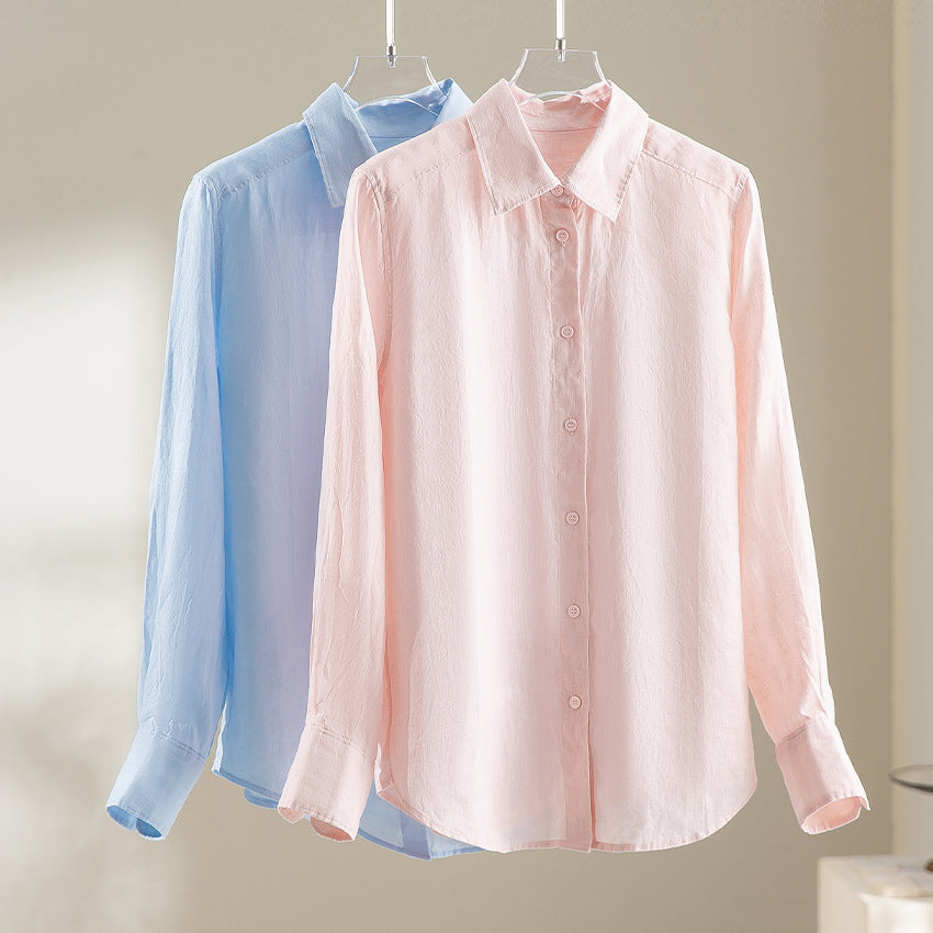 Women Lightweight Oversized Linen Blouse Shirt with Classic Collar and Continuous Button Placket Chichicherry