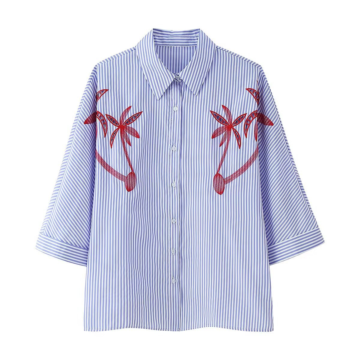 Women Oversized Shirt Blouse with Pinstripes, Palm Embroidery and Three-Quarter Sleeves Chichicherry