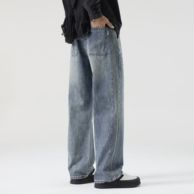 Men's Loose Vintage Denim Jeans with Wash and Straight Leg Chichicherry