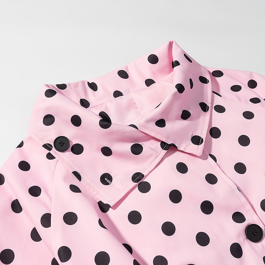 Women's short trench coat in polka dot pattern, double-breasted with belted waist Chichicherry