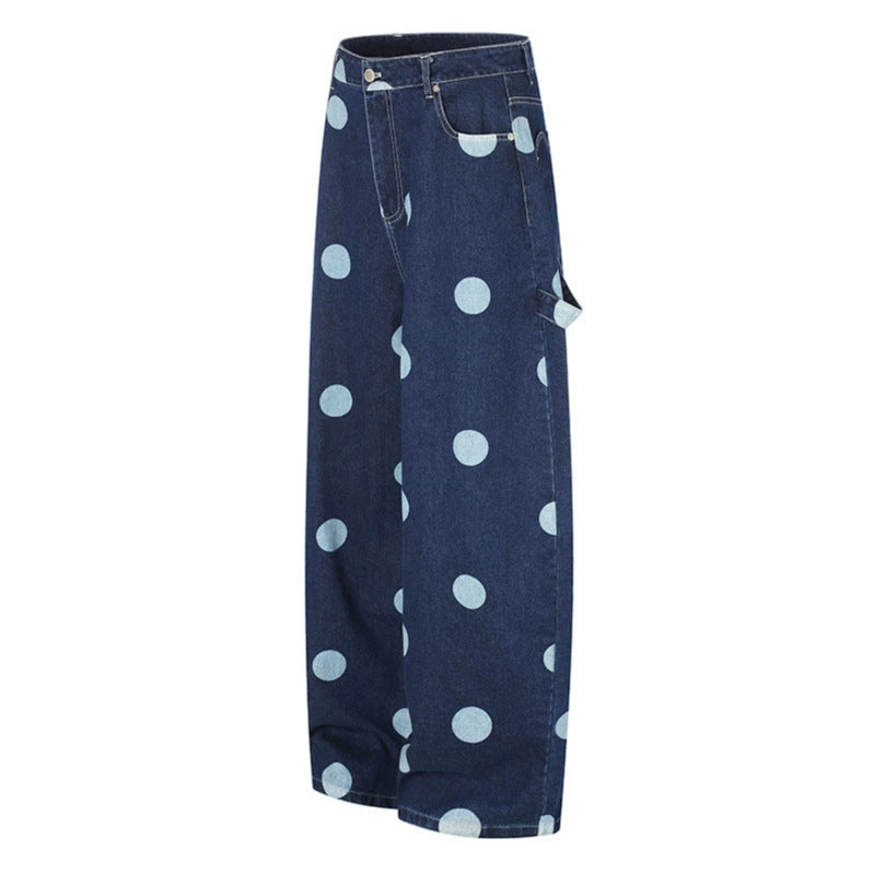 Women High-Waisted Wide Jeans Culotte with Polka Dot Print and Utility Details Chichicherry