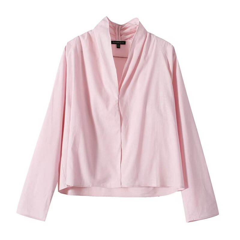 Women's Lightweight Viscose Blouse with Open Shawl Collar and Boxy Silhouette Chichicherry