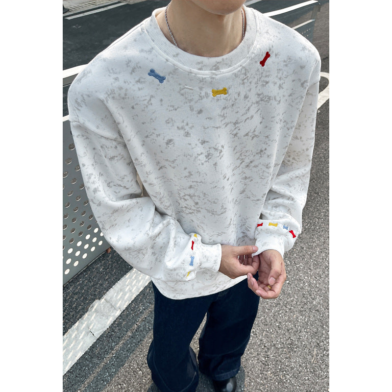 Men's Oversize Sweatshirt with Marble Effect and Colorful Bone Embroidery Chichicherry