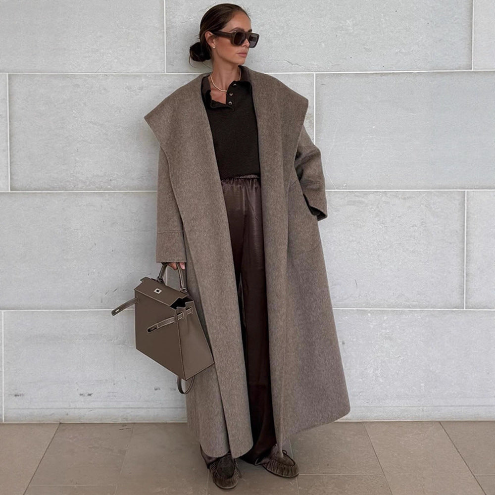 Women's Oversize Wool Blend Coat with Shawl Collar and Casual Maxi Length Chichicherry