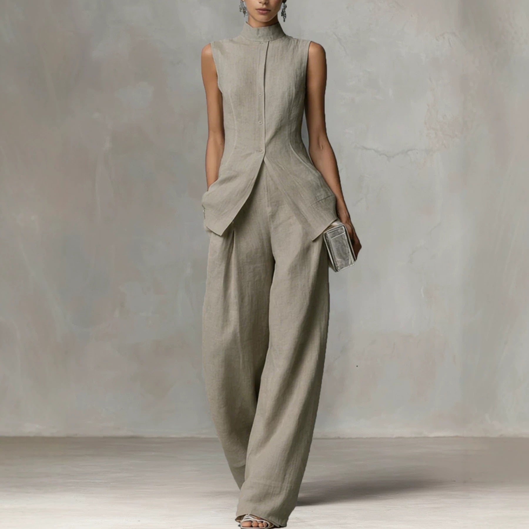 Women's Sleeveless Linen Jumpsuit with Stand Collar and Wide Leg Chichicherry