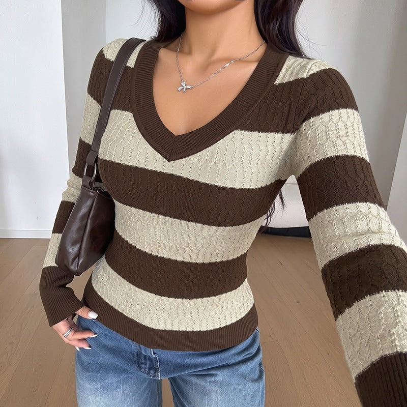 Women's Striped Fine Knit Sweater with V-Neck and Tailored Silhouette Chichicherry