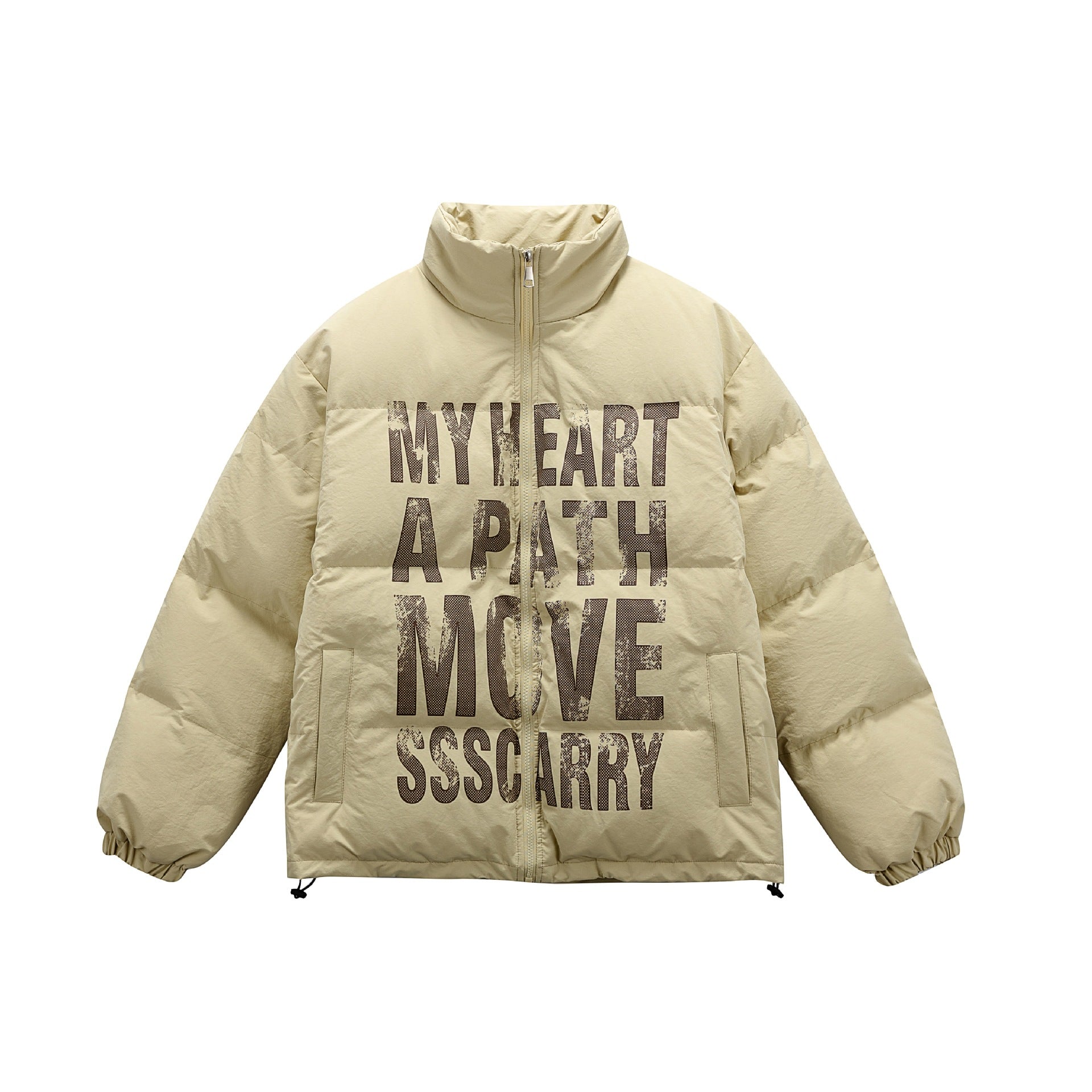 Unisex Oversized Padded Jacket with High Stand Collar and Statement Print Chichicherry