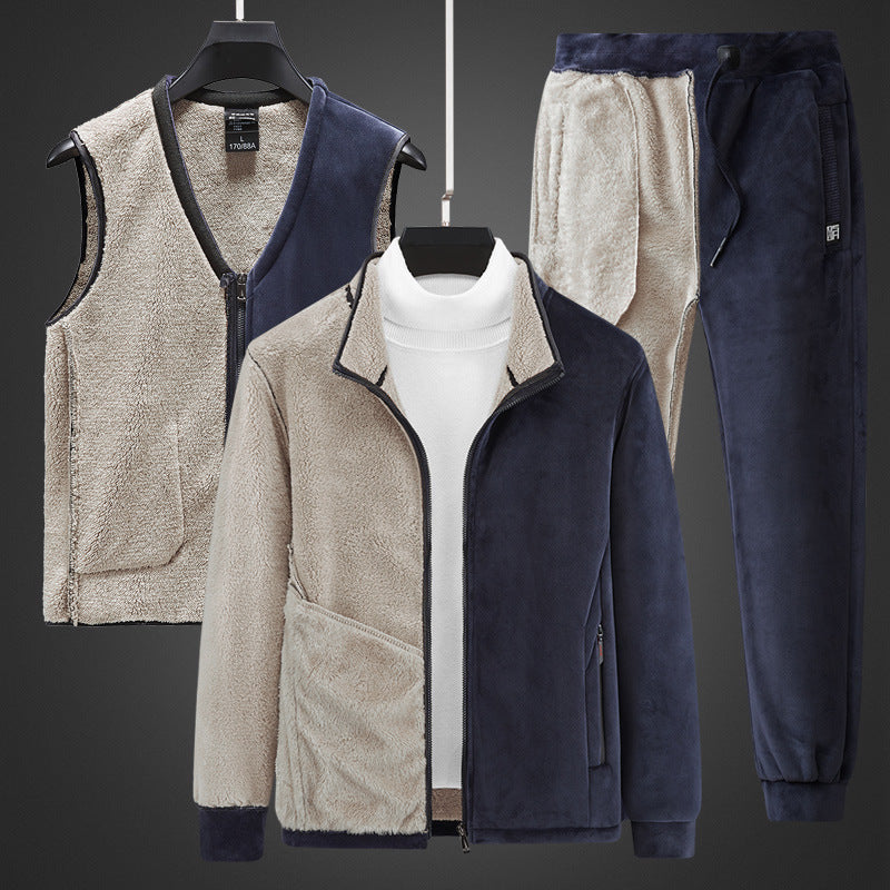 Men's warming fleece three-piece set with zip jacket, teddy vest, and joggers Chichicherry