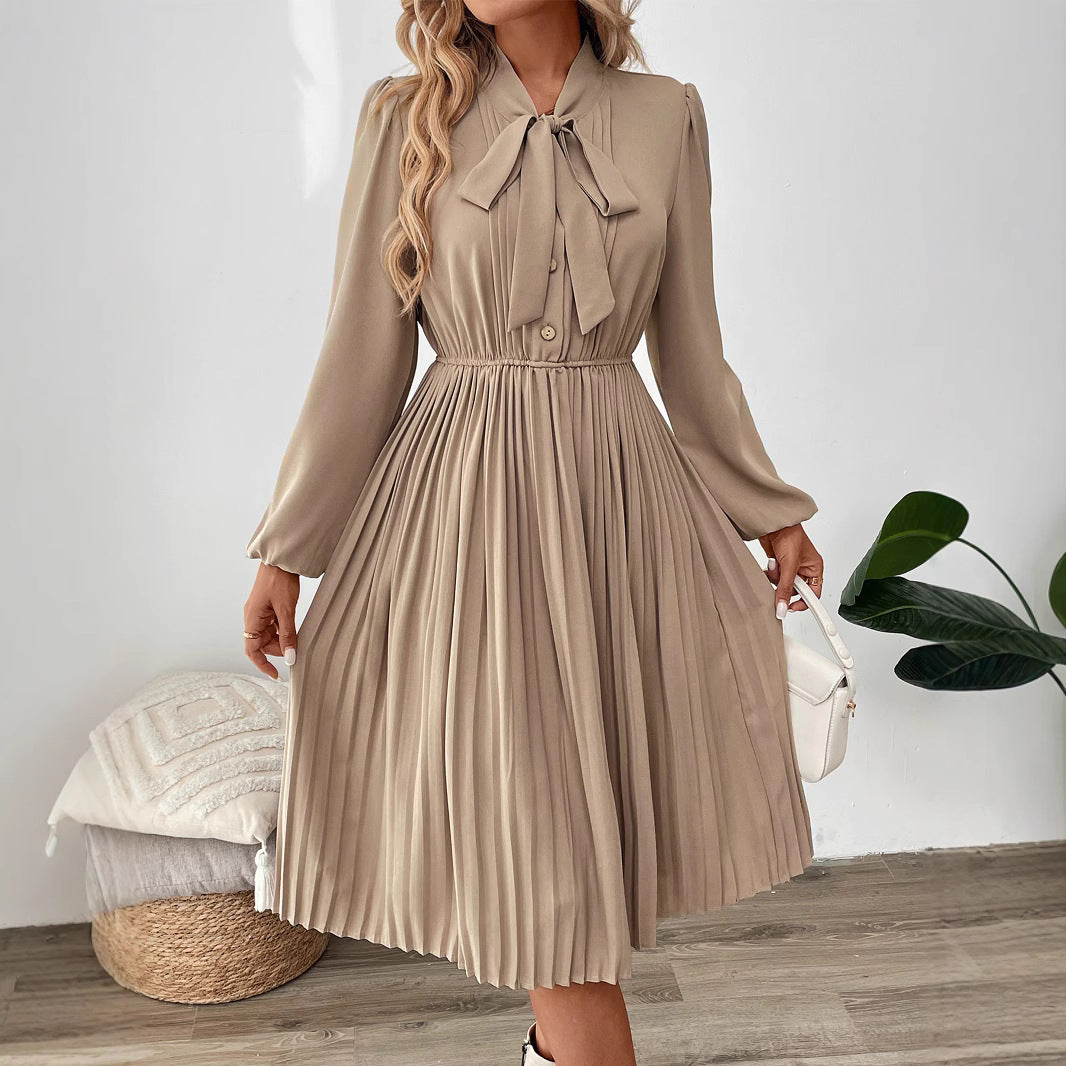 Women Pleated Midi Dress with Tie Collar, Elastic Waistline and Long Balloon Sleeves Chichicherry