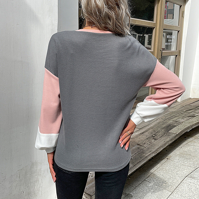 Women's Colorblock Waffle Knit Sweatshirt with Round Neck and Casual Fit Chichicherry